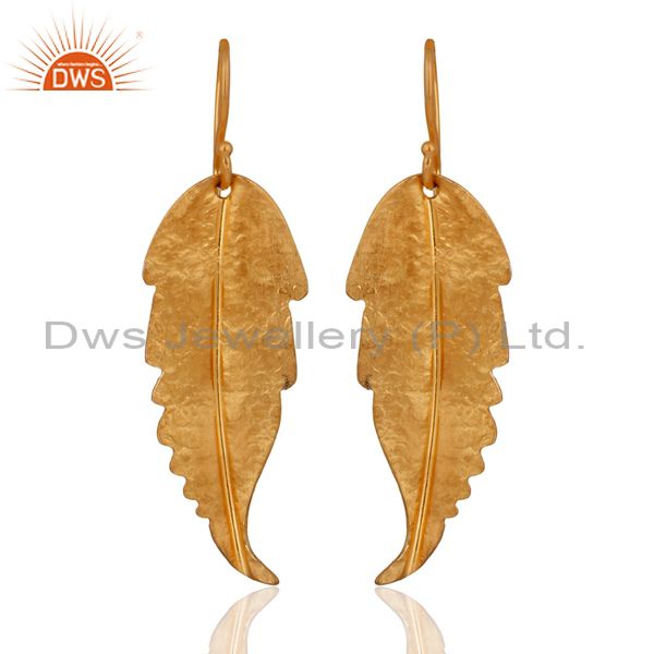 Yellow 18K Gold Feather Dangle Earrings | Dangly Gold Earrings | Cadar