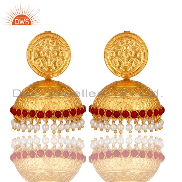 coral jhumkas gold